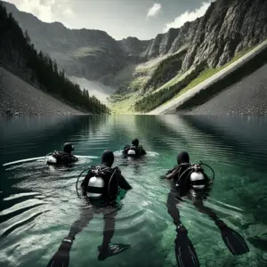 Vier Taucher in Neoprenanzügen schwimmen an der Oberfläche eines hochalpinen Sees in Österreich, umgeben von dramatischen Bergen und einer ruhigen Landschaft.