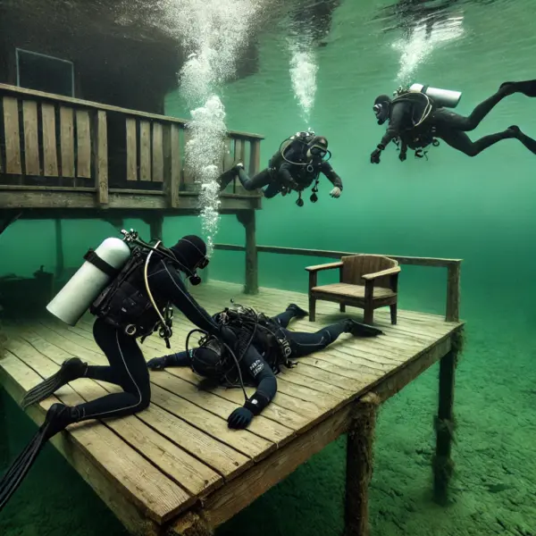 Ein Tauchlehrer rettet einen bewusstlosen Taucher auf einer hölzernen Plattform in einem österreichischen See, während andere Taucher in der Nähe schwimmen.