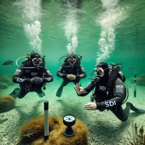 Drei Taucher, die an einem Unterwassertraining teilnehmen, während einer von ihnen Handzeichen gibt. Die Szenerie zeigt klares Wasser und Trainingsausrüstung.