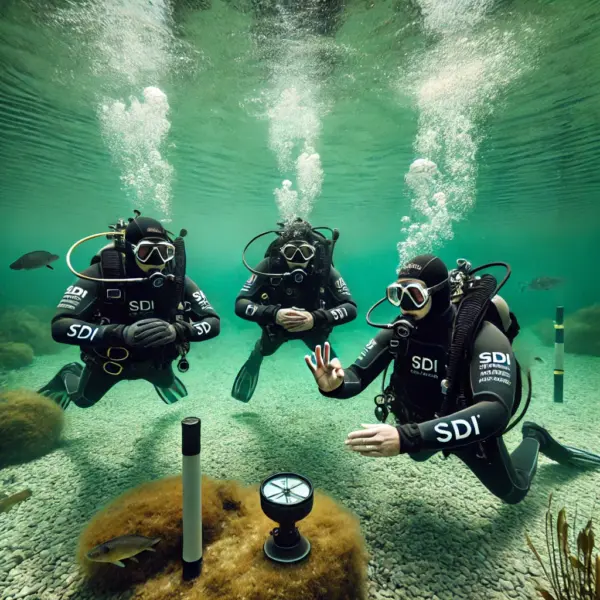 Drei Taucher, die an einem Unterwassertraining teilnehmen, während einer von ihnen Handzeichen gibt. Die Szenerie zeigt klares Wasser und Trainingsausrüstung.