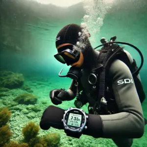 Ein Taucher in einem österreichischen See überprüft seinen Tauchcomputer unter Wasser, umgeben von grünlichem Wasser und steinigem Seeboden.