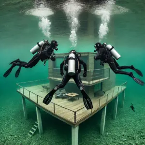 Drei Taucher schweben über einer modernen Unterwasserplattform mit Terrasse, die in einem grünen See in Österreich auf Stelzen gebaut ist.